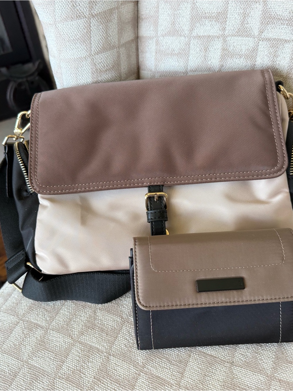 Crossbody Bag with Wallet Set - Brown, Cream & Black